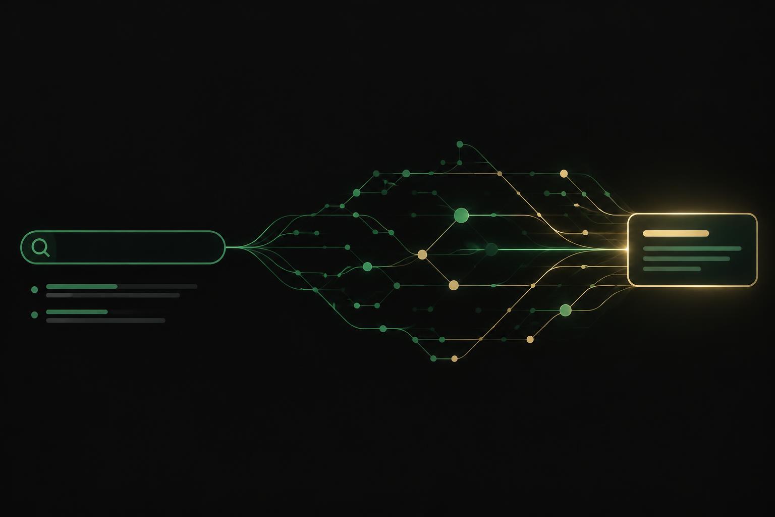 An abstract search interface connecting through emerald and gold data paths to an AI answer
